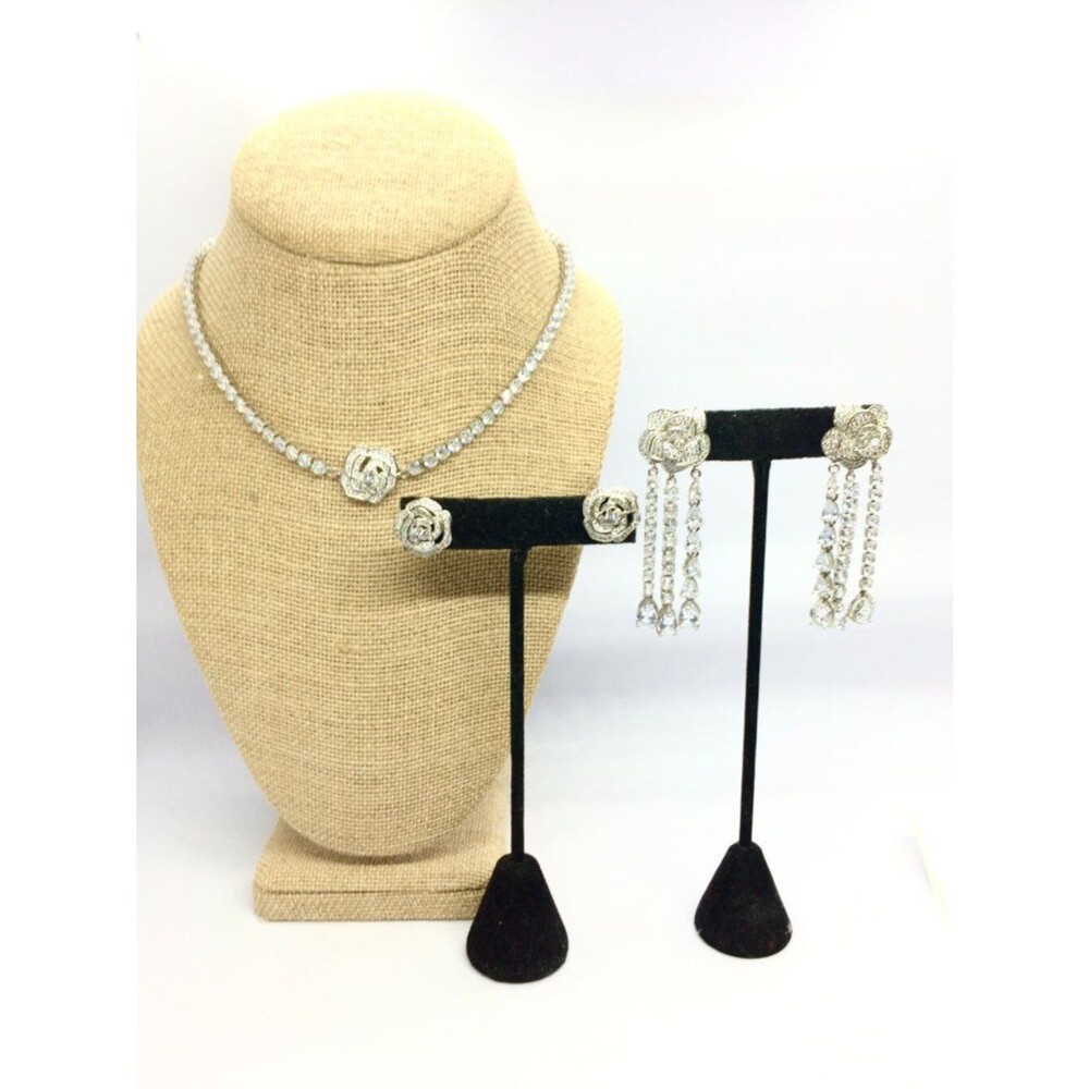 BRIDAL JEWELRY SET Rhinestone Rose Necklace Chandelier Earrings Silver Tone